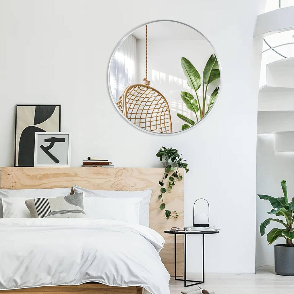 32 Inch Silver Metal Framed Round Bathrrom Mirror for Wall