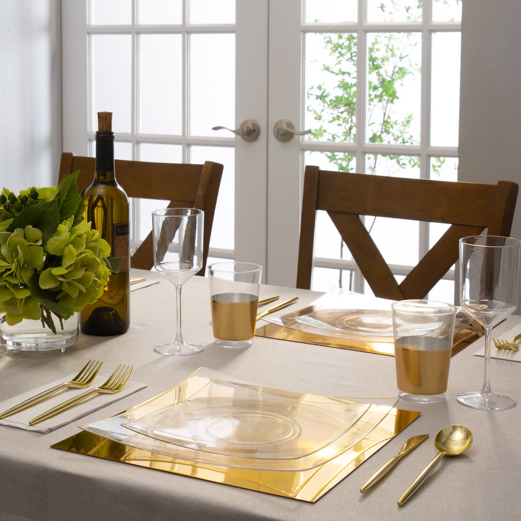 Square Clear and Gold Plastic Plates | 10 Pack