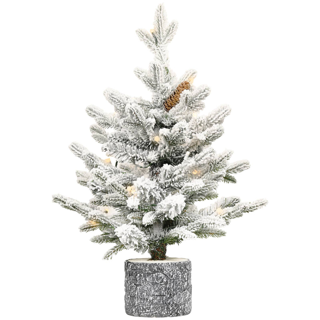 Flocked Christmas tree with potted base and 3 pine cones