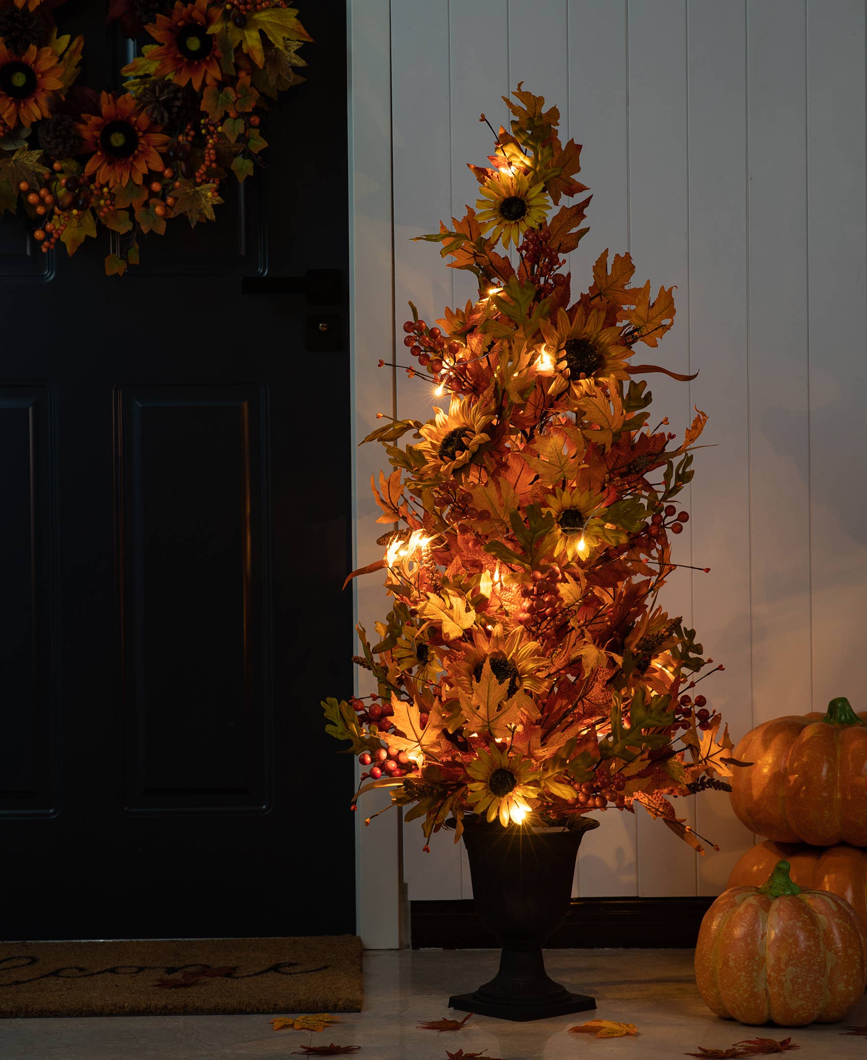 48"H Fall Lighted Maple Leaf and Sunflower Urn Porch Tree