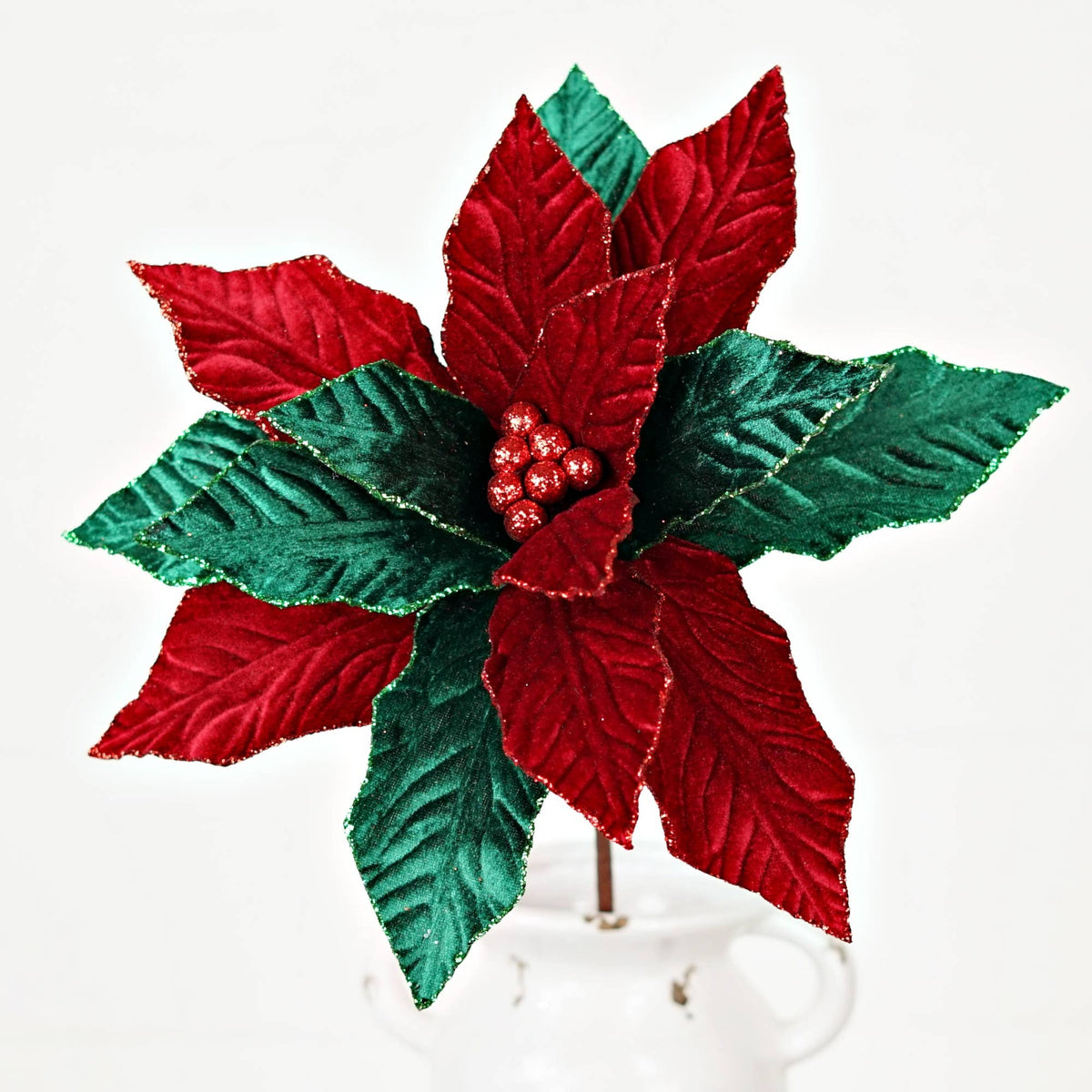 511050- Velvet Poinsettia w. Glitter Edge-Classic Red Green-
