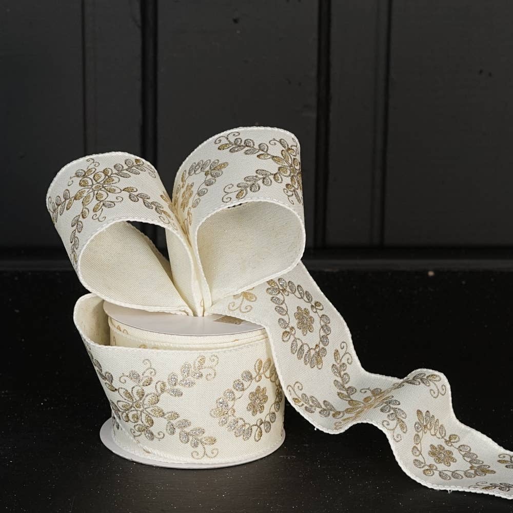 R32928-Wired Ribbon-Cream Burlap with leaves (2.5inW)