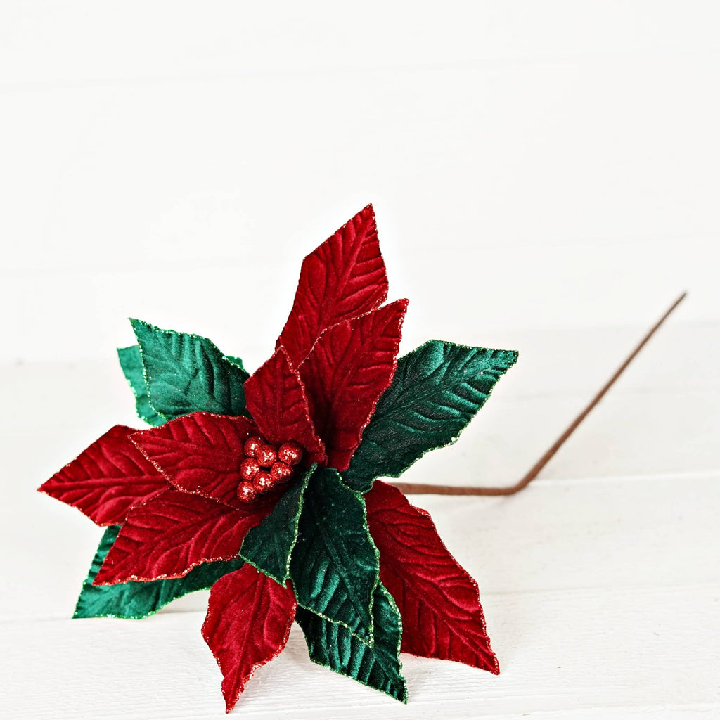 511050- Velvet Poinsettia w. Glitter Edge-Classic Red Green-