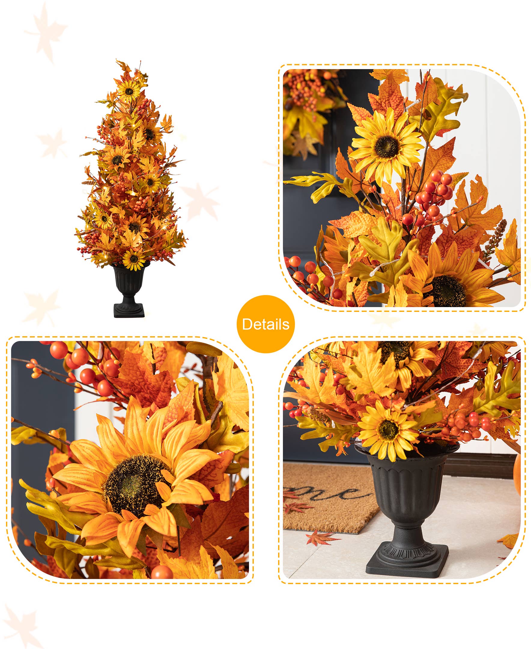 48"H Fall Lighted Maple Leaf and Sunflower Urn Porch Tree