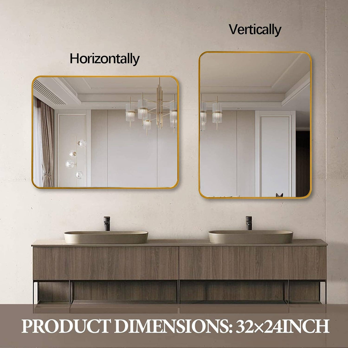 24x32 Gold Metal Framed Rectangular Bathrrom Mirror for Wall