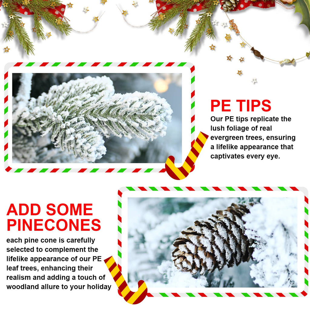 Flocked Christmas tree with potted base and 3 pine cones
