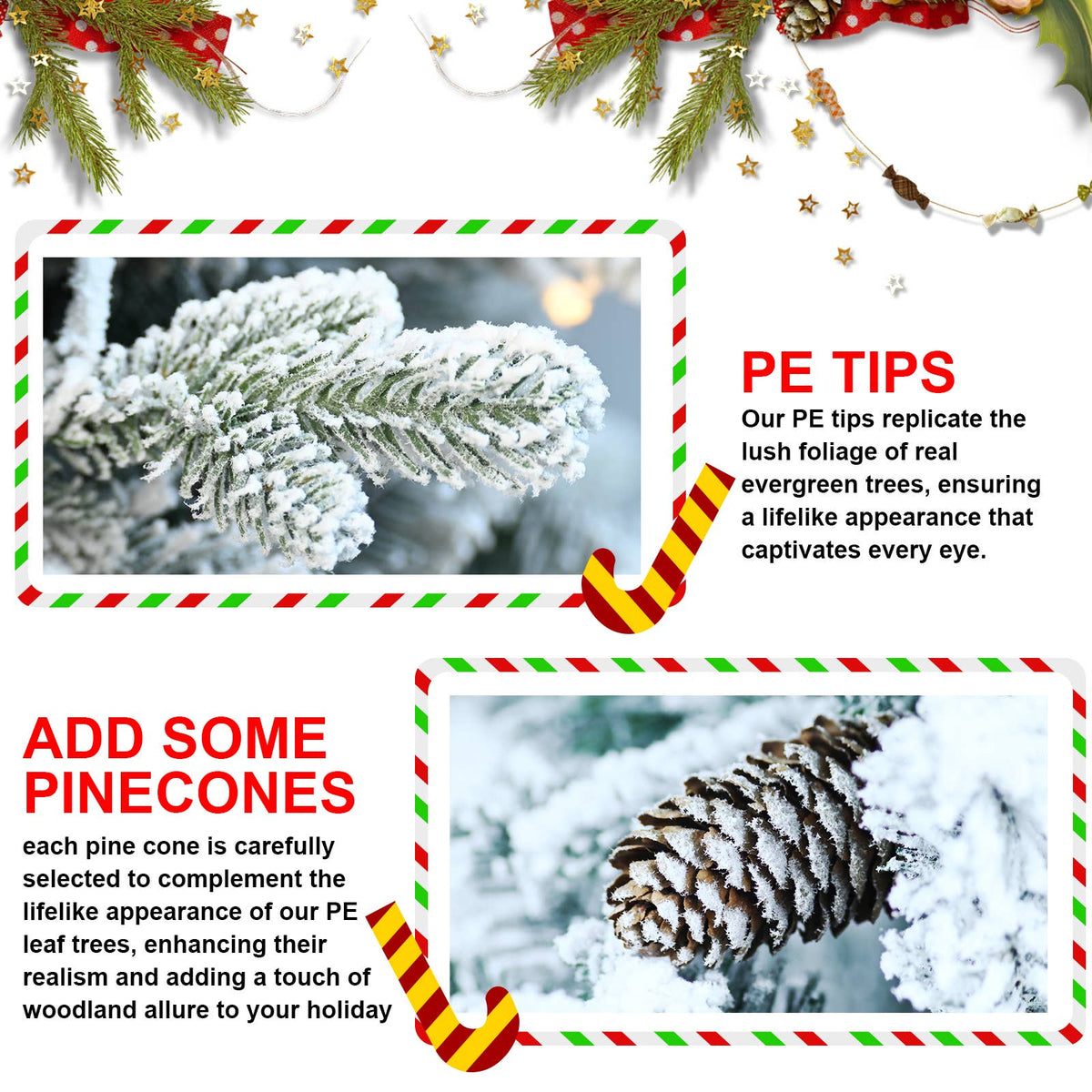Flocked Christmas tree with potted base and 3 pine cones