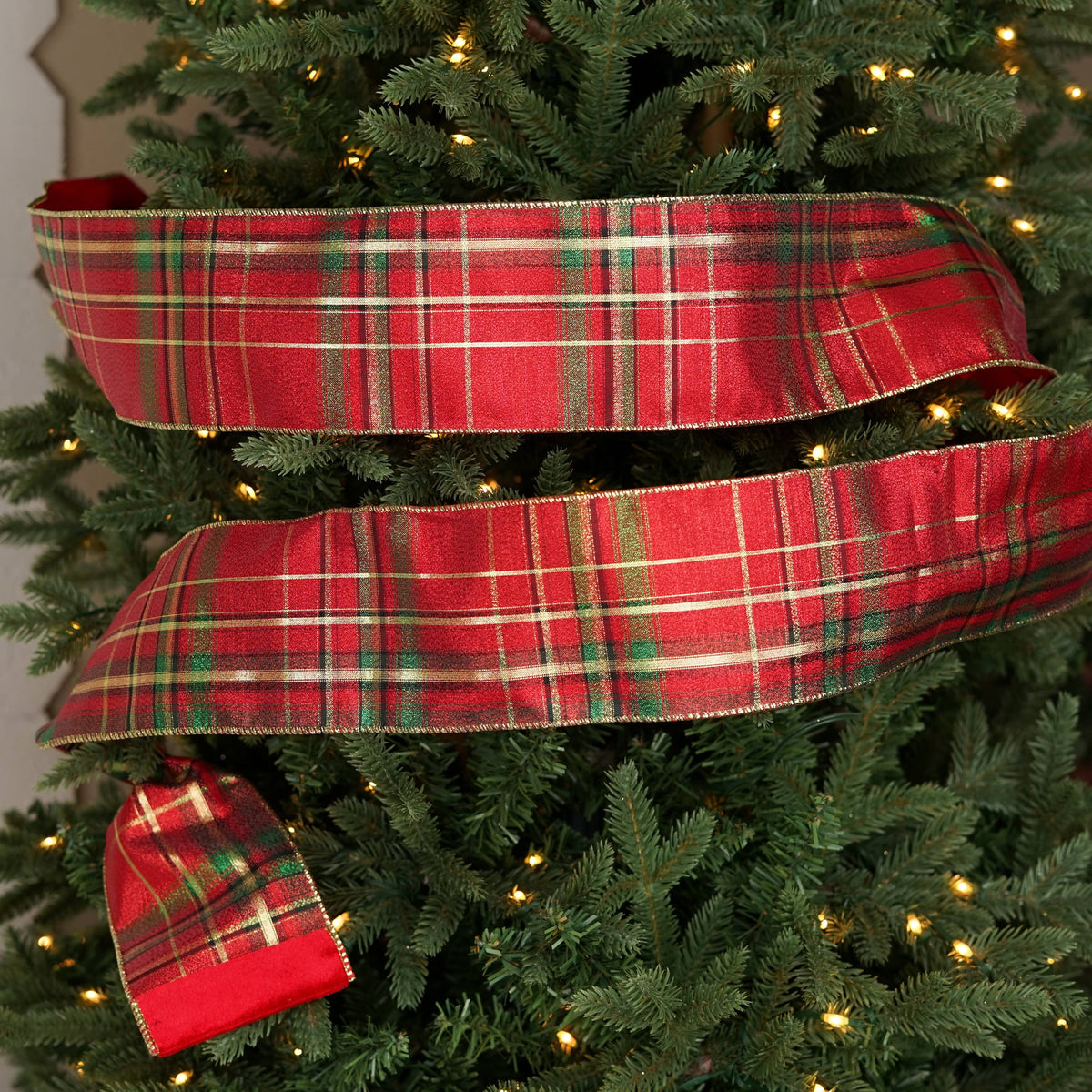 57R1280- Velvet 2 Sides-Wire Ribbon-4inx10YD-Red Green Gold