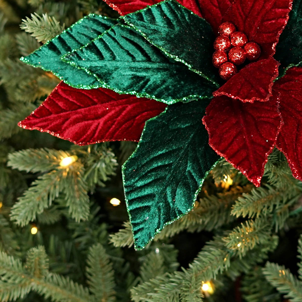 511050- Velvet Poinsettia w. Glitter Edge-Classic Red Green-
