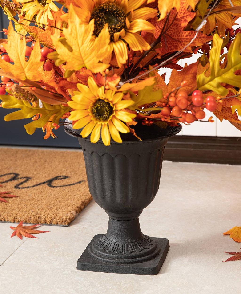 48"H Fall Lighted Maple Leaf and Sunflower Urn Porch Tree