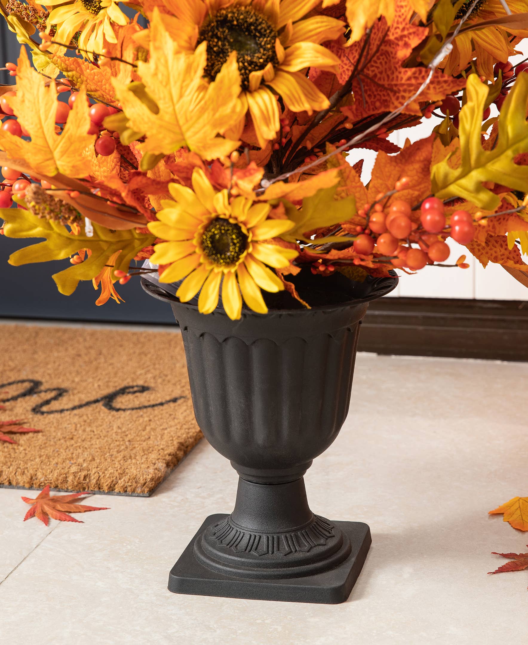 48"H Fall Lighted Maple Leaf and Sunflower Urn Porch Tree