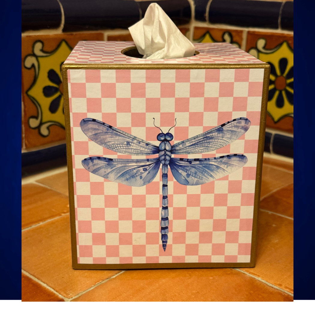 Paper Mache Kleenex Box with chinoiserie vase and dragonfly