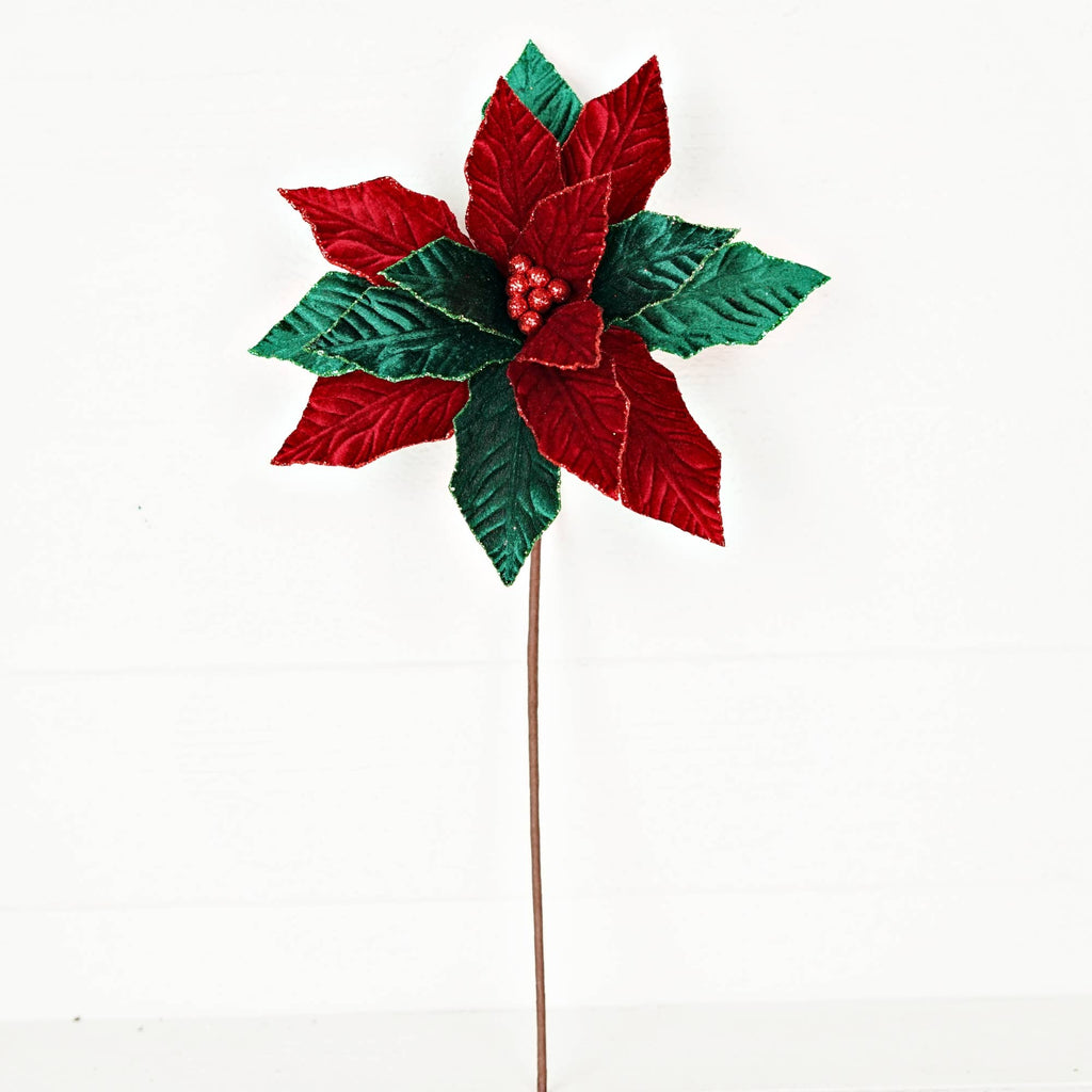 511050- Velvet Poinsettia w. Glitter Edge-Classic Red Green-
