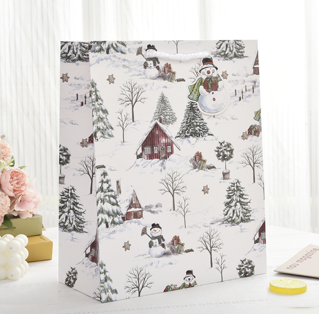 12pcs, Christmas Trees snow gift bag with snowman tag