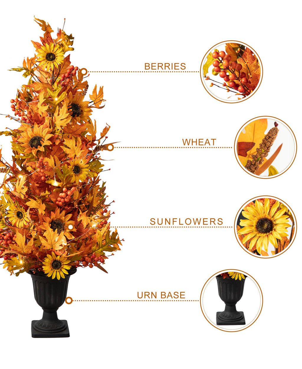 48"H Fall Lighted Maple Leaf and Sunflower Urn Porch Tree