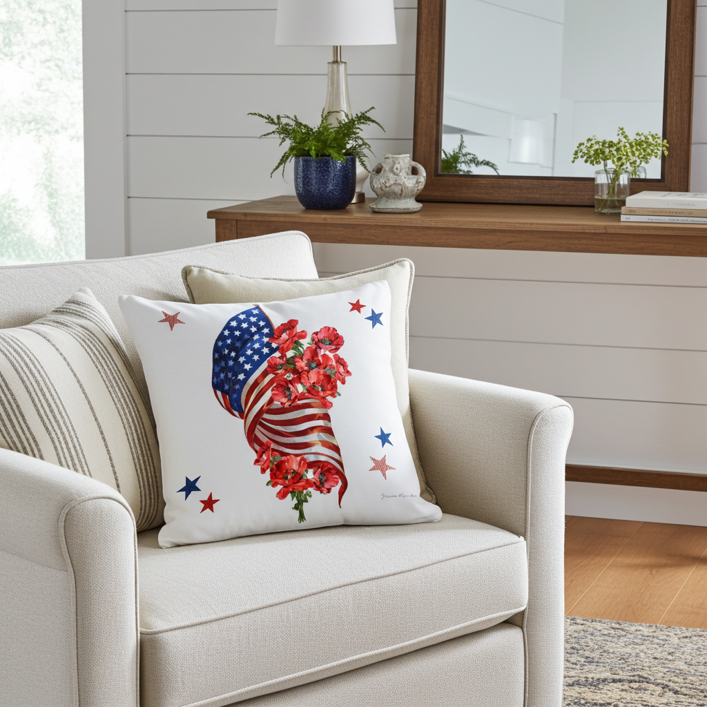 Pillow - Flag with Poppy Bouquet - indoor / outdoor cushion
