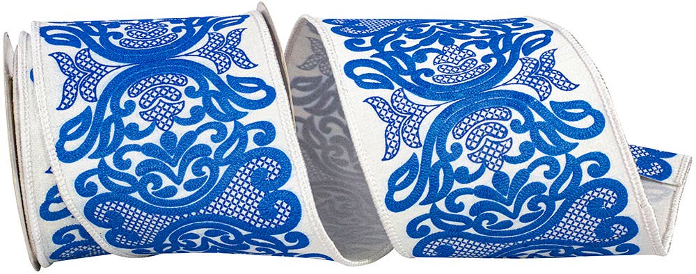 Regal Filigree Printed Dup. Wired Edge, White/blue, 4 In 10D