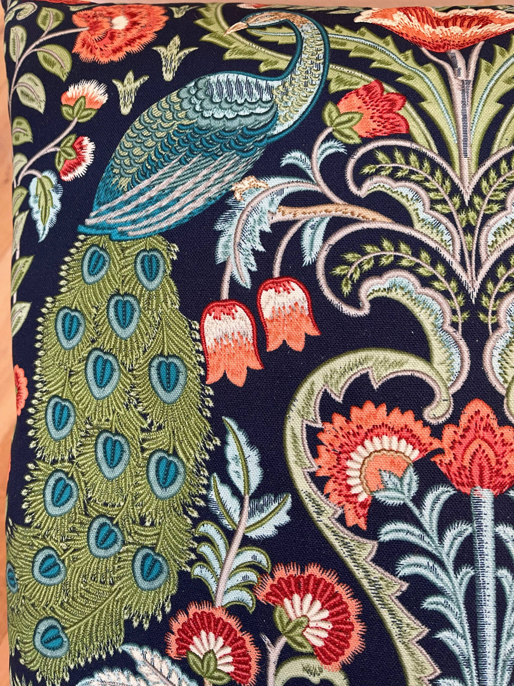 Marsha Peacock and Floral Pillow with Feather Insert (22 in)