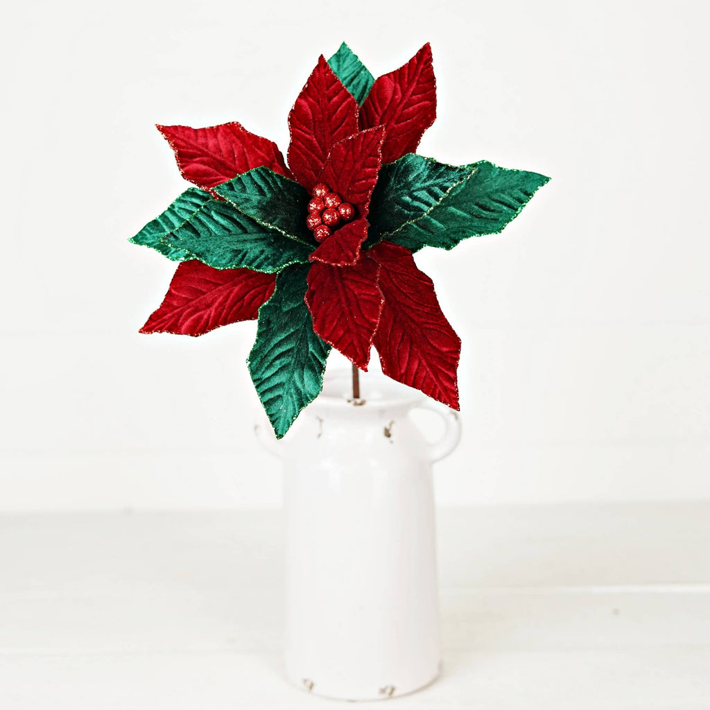 511050- Velvet Poinsettia w. Glitter Edge-Classic Red Green-