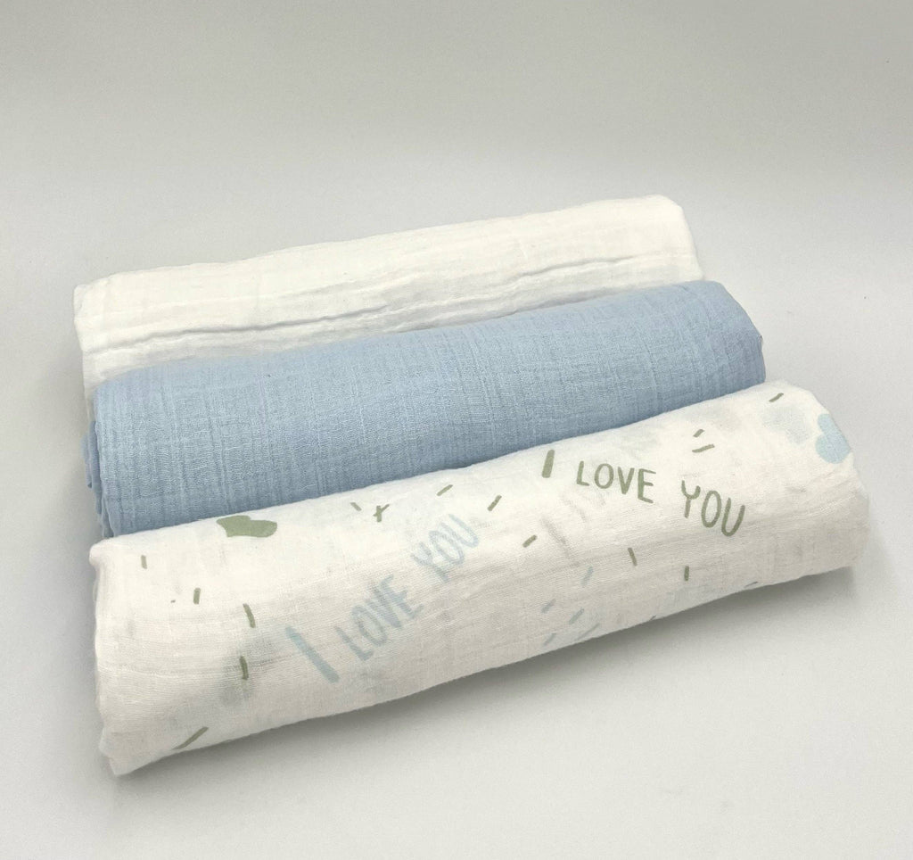 Swaddle Muslin Blankets: BUNDLE OF LOVE, Set of 3, Boy Newborn Gift
