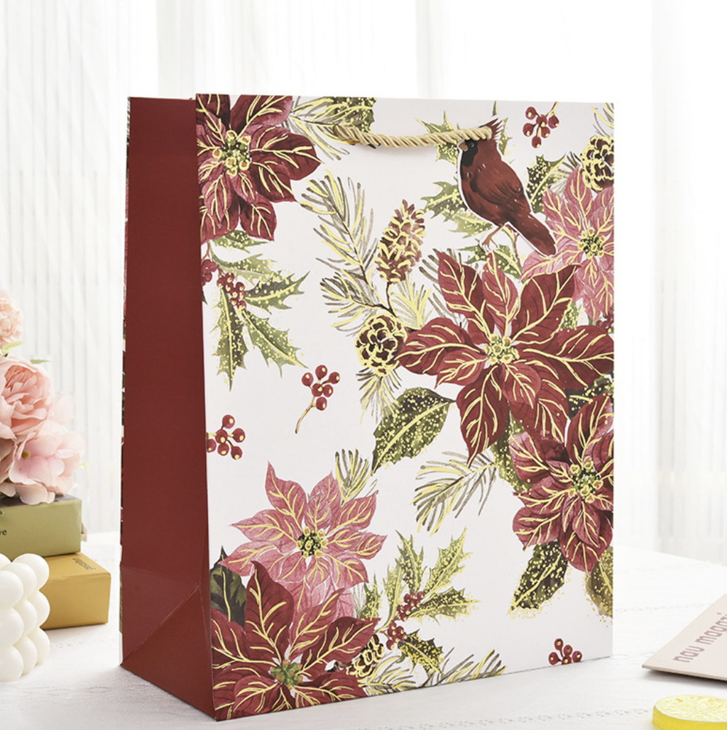12pcs, Christmas Flower red gold Foil gift bag w/ Bird tag
