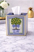 Kleenex Box with lemons on a tree, chinoiserie blue