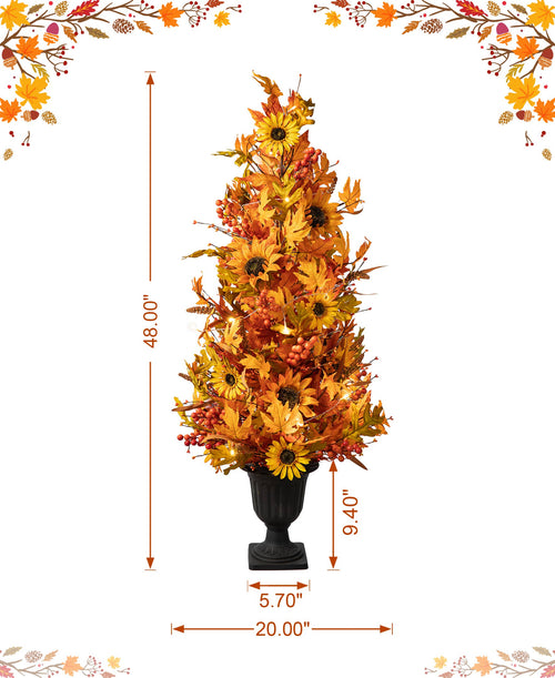 48"H Fall Lighted Maple Leaf and Sunflower Urn Porch Tree