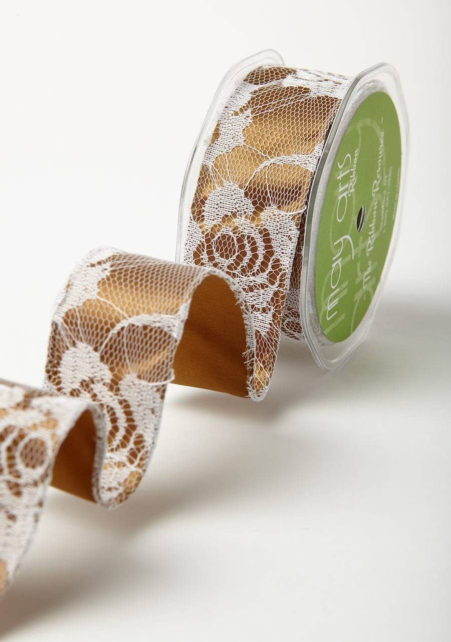 1.5" Gold Satin White Lace Overlay Ribbon (Wired)