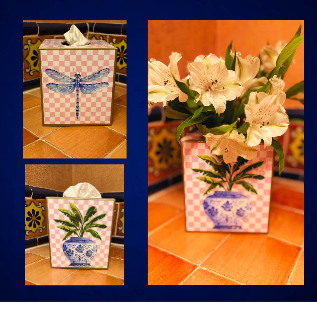 Paper Mache Kleenex Box with chinoiserie vase and dragonfly