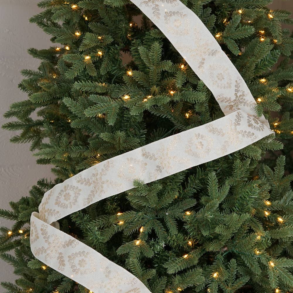 R32928-Wired Ribbon-Cream Burlap with leaves (2.5inW)