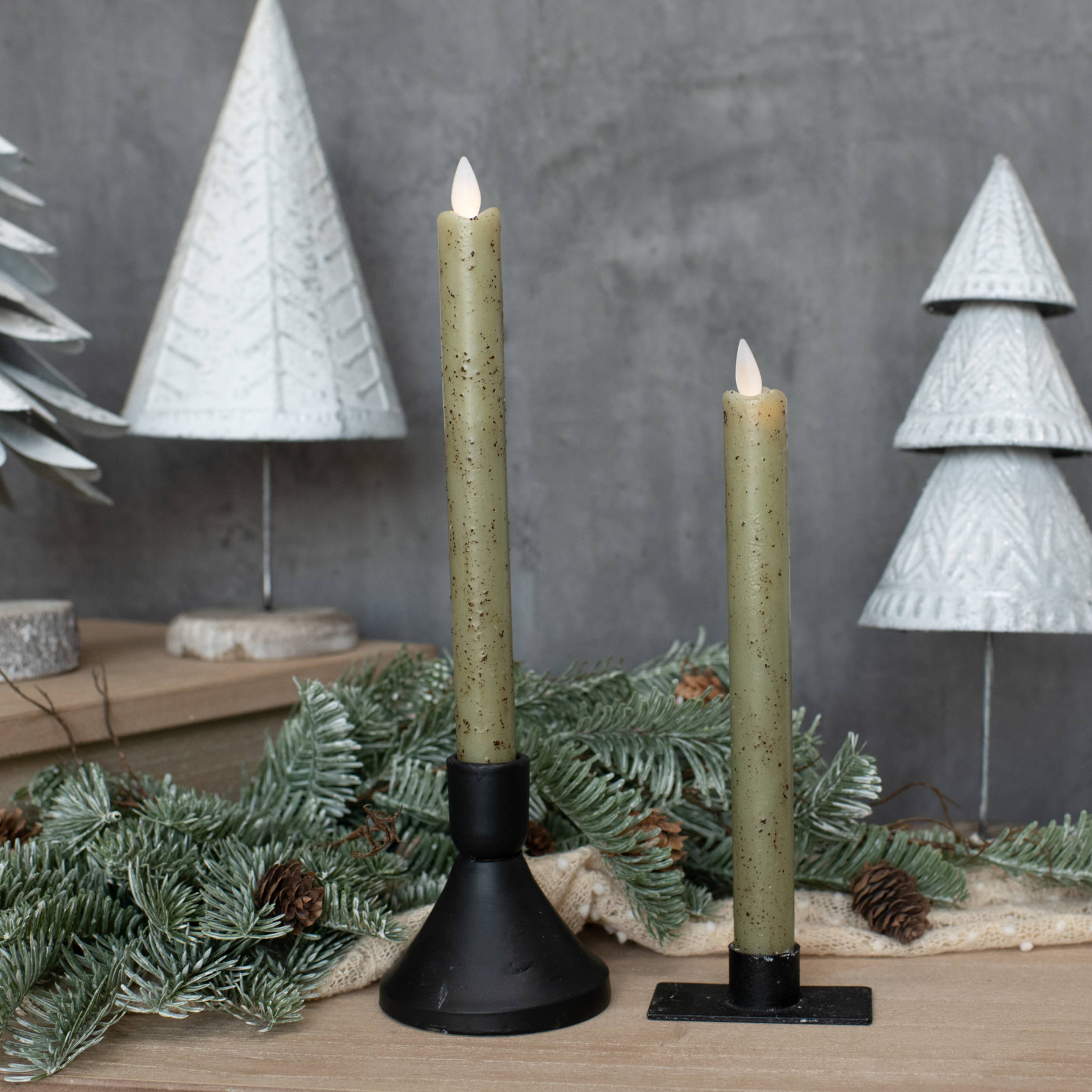 SET/ 2 - 9.5" MOVING FLAME GREEN TAPER CANDLE