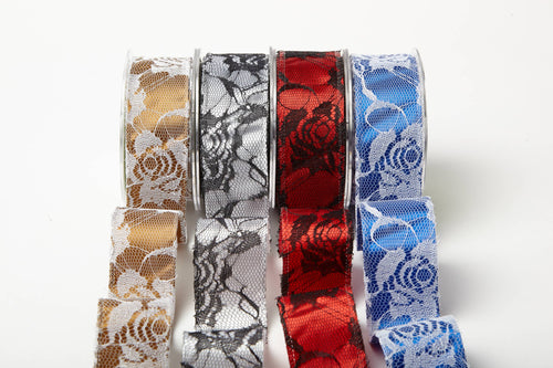 1.5" Gold Satin White Lace Overlay Ribbon (Wired)