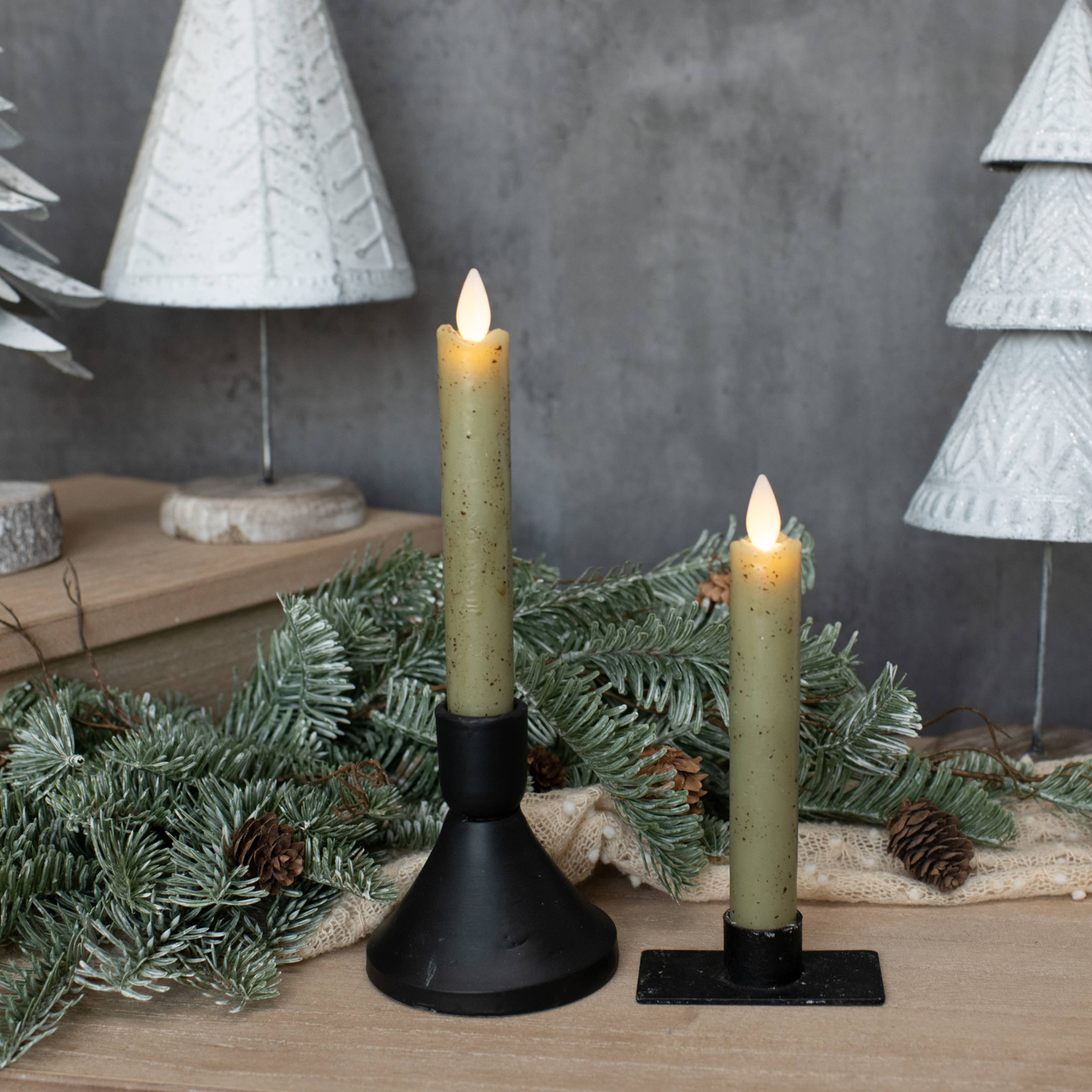 SET/ 2 - 6.75" MOVING FLAME GREEN TAPER CANDLE