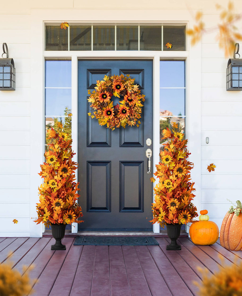 48"H Fall Lighted Maple Leaf and Sunflower Urn Porch Tree