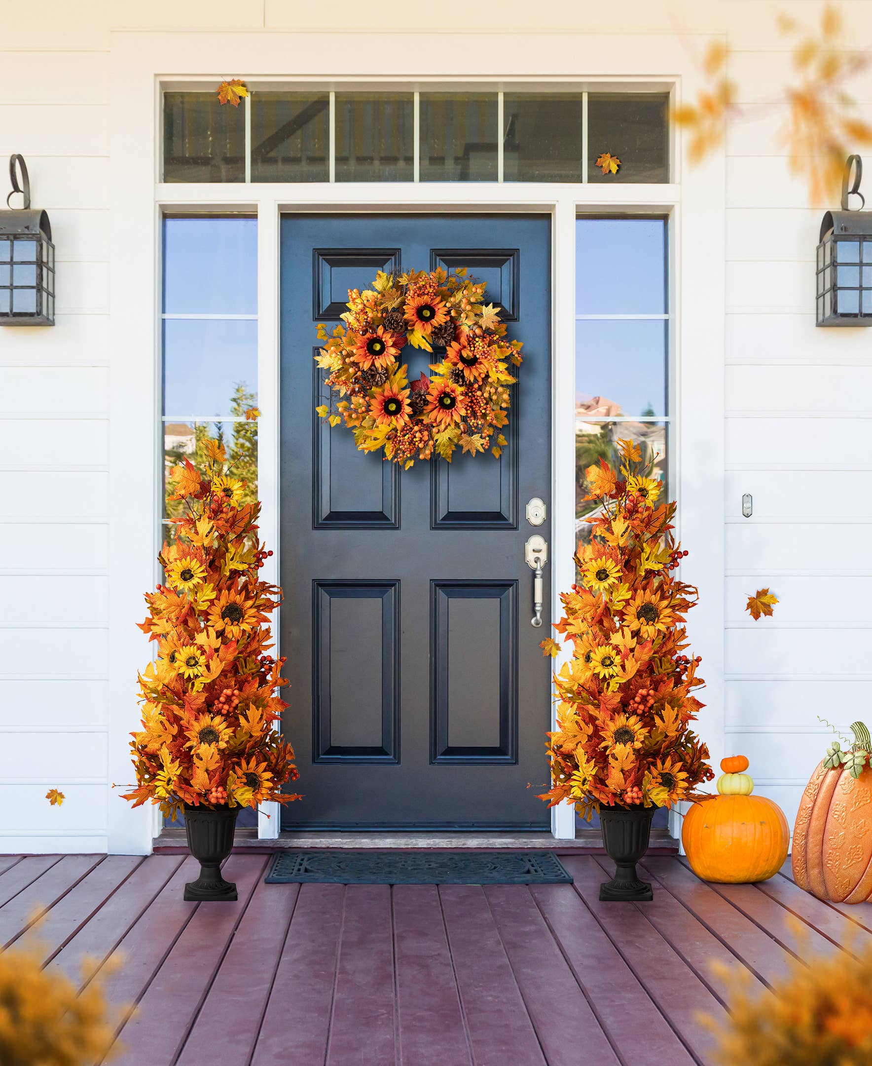 48"H Fall Lighted Maple Leaf and Sunflower Urn Porch Tree