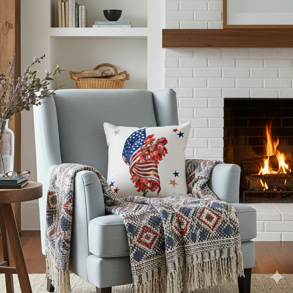 Pillow - Flag with Poppy Bouquet - indoor / outdoor cushion