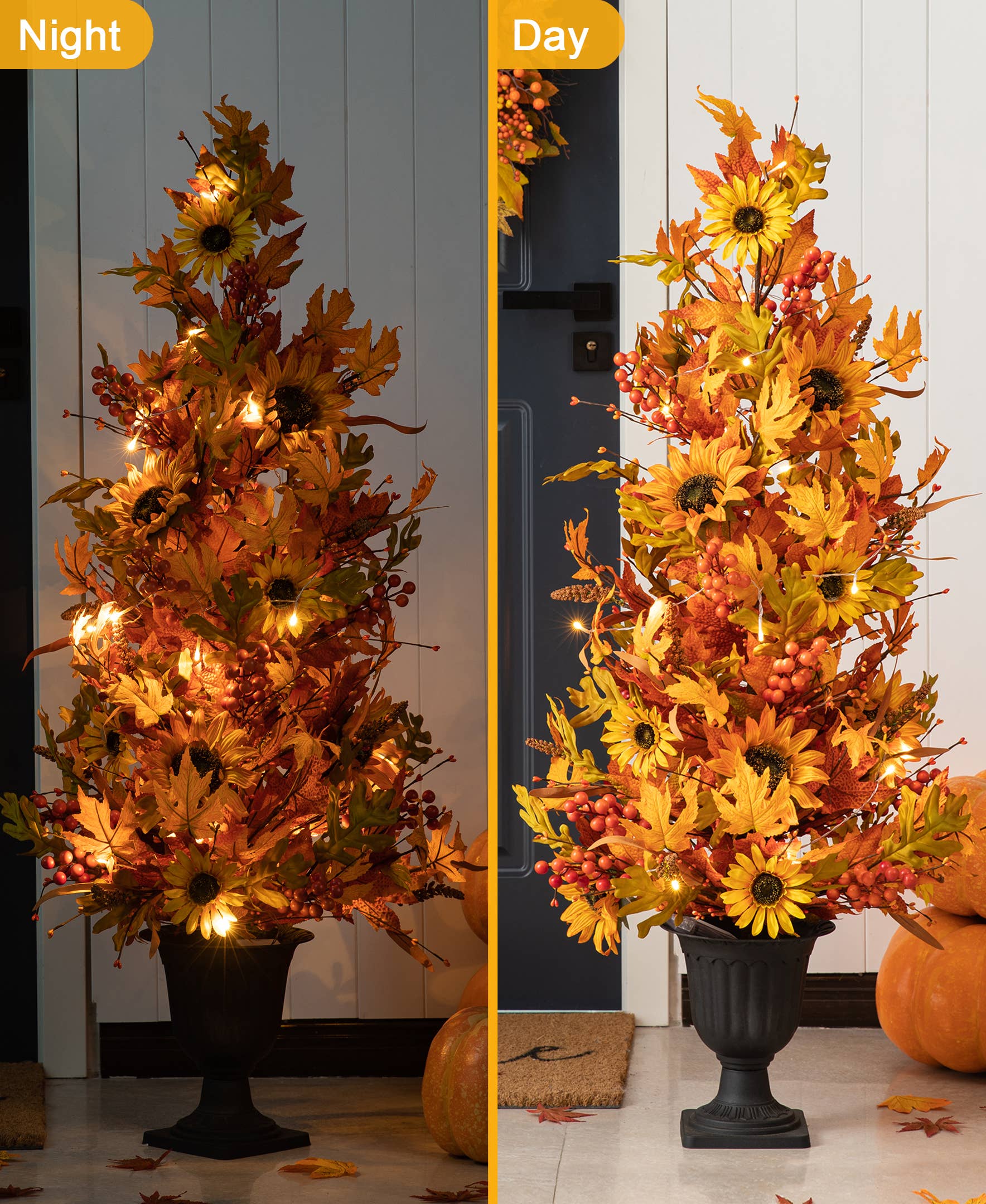 48"H Fall Lighted Maple Leaf and Sunflower Urn Porch Tree