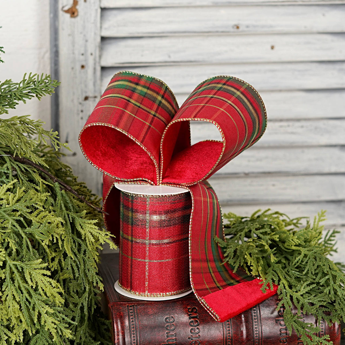 57R1280- Velvet 2 Sides-Wire Ribbon-4inx10YD-Red Green Gold