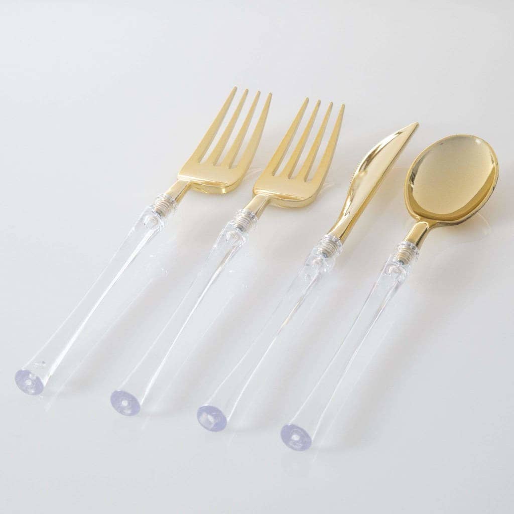 Neo Classic Clear and Gold Plastic Cutlery Set | 32 Pieces