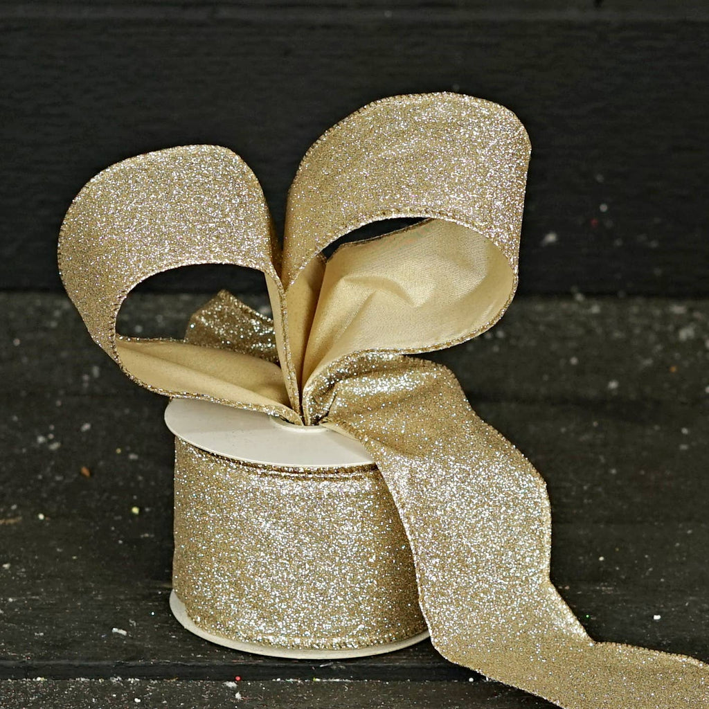 57R0910 - 2.5inWx10Yard Wired Ribbon-Champagne Glitter w. Go