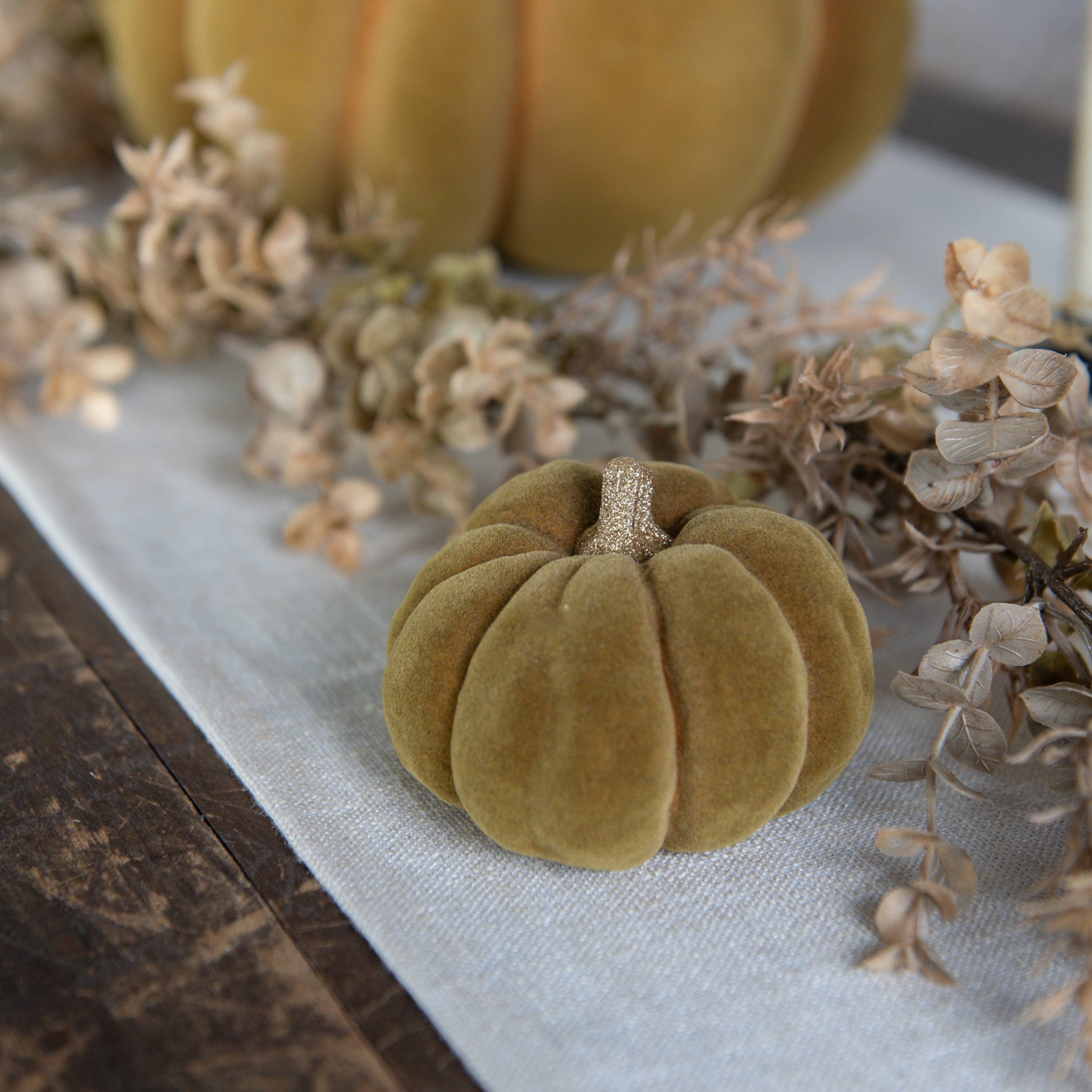 3"  GREEN FLOCKED PUMPKIN W/ GOLD STEM